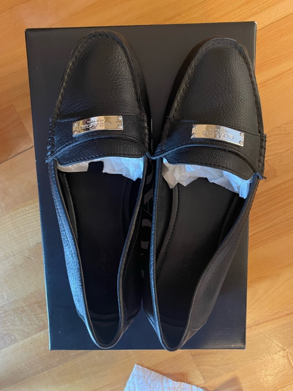 Coach Black Leather Women’s Loafers with Metal Accent